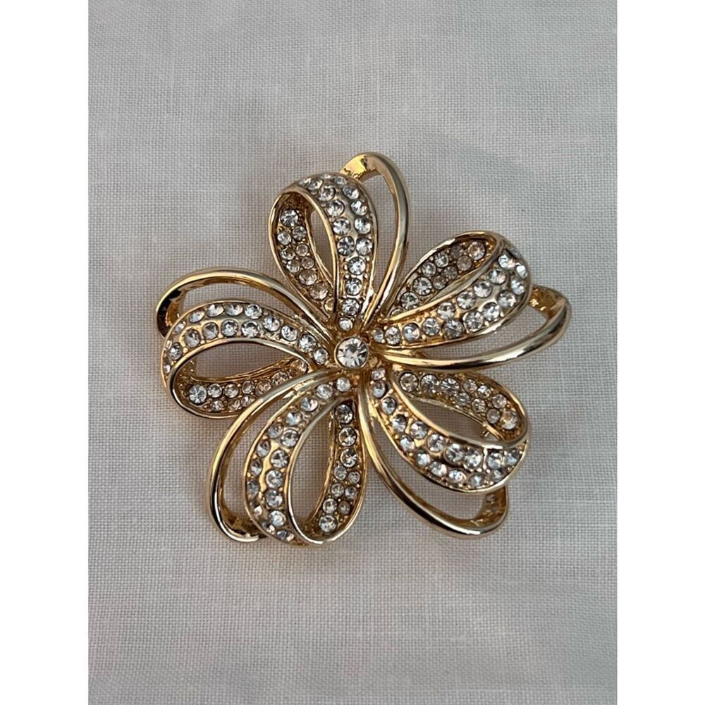 Vintage Monet Rhinestone Flower Brooch Gold Tone Signed Designer Statement Pin